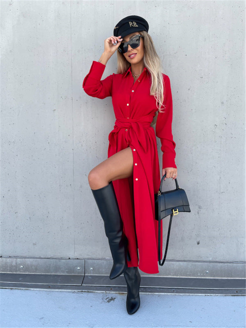 Women's Elegant Lapel Collar Long Sleeve Button Down Belted Shirt Dress, Casual Maxi Dresses With Slit For Office & Daily Wear
