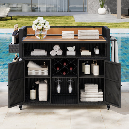 K&K 52.8 W Wicker Outdoor Grill Cart With Extended Plastic Wood Table Top, Rolling Kitchen Island On Wheels With Storage Cabinet, For Patio Backyard Garden Poolside, Double Handle Design, Black Brown