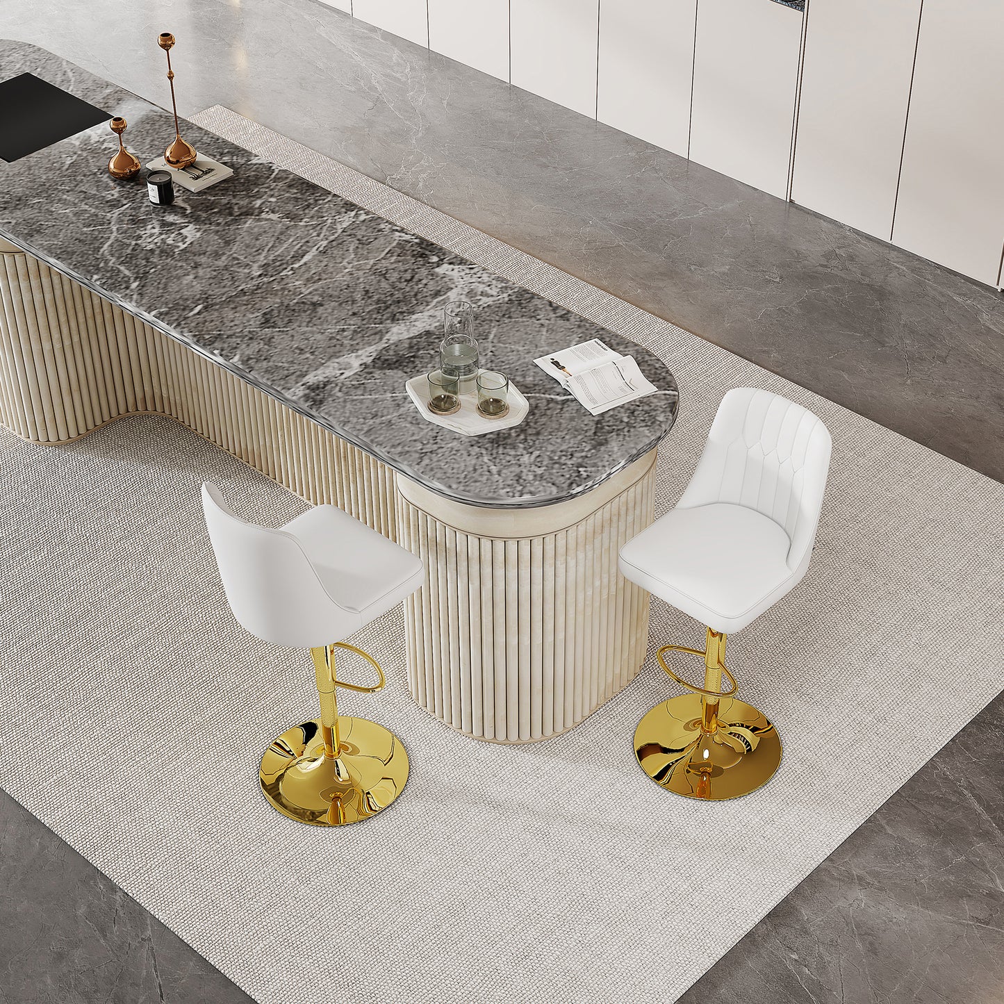 Height-adjustable Bar Stool In Set Of 2, 360  Swivel, Backrest With White PU Leather And Quilted Pattern, Legs Made Of Golden Metal. Suitable For Kitchen Islands And Bar Counters.