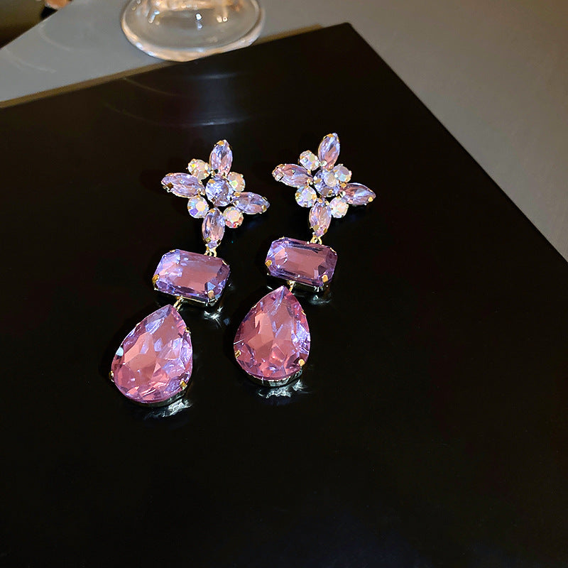 Sweet Purple Crystal Flower Earrings For Women Korean Style Rhinestone Luxury Versatile