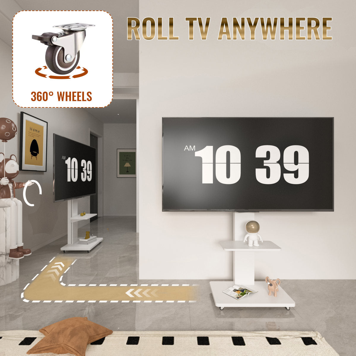 TV Stand With Shelf For Living Room, Bedroom,Offices,Mobile TV Cart For 32-75 Inches,Floor Stand With Mount On Lockable Wheels,White