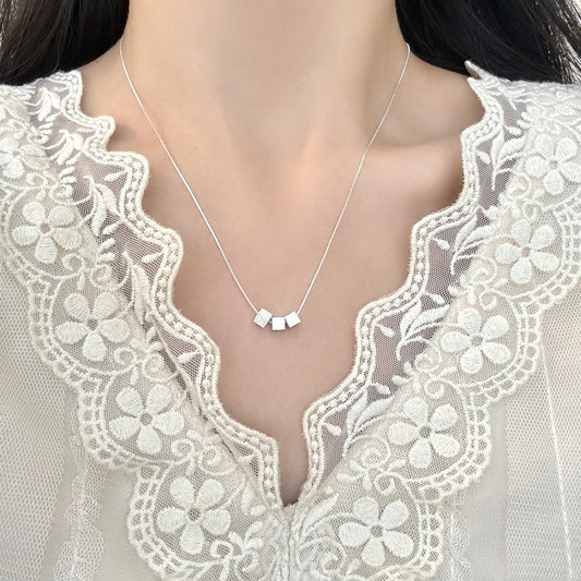 S999 Sterling Silver Sugar Cube Necklace For Women, Korean Ins Style Brushed Geometric Square Clavicle Chain, Luxury Elegant Jewelry
