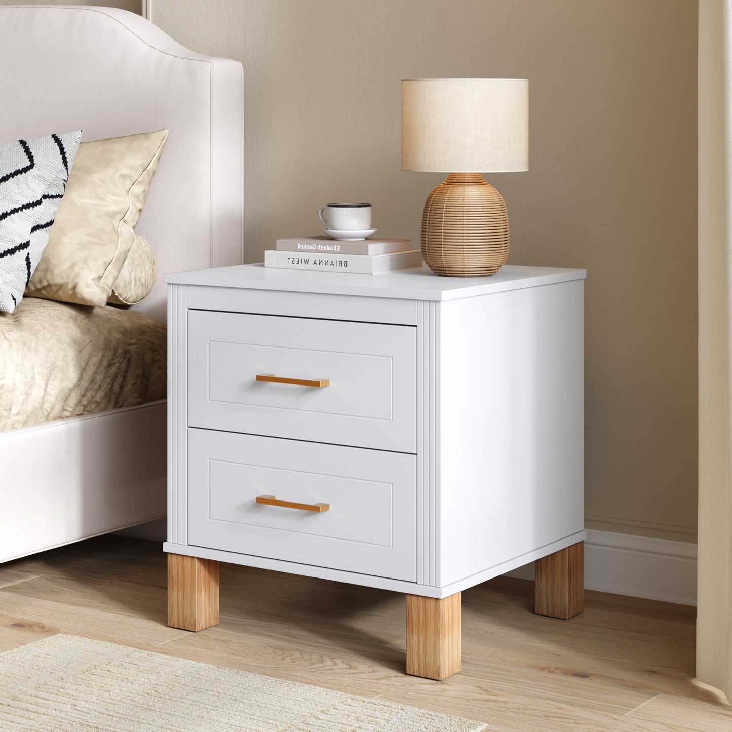 2 Drawer Nightstand, Premium Wood Storage With Elegant Fluted Design, Solid Wood Legs Nightstand With Metal Handle, Tall Bedside Table For Bedroom Living Room, White
