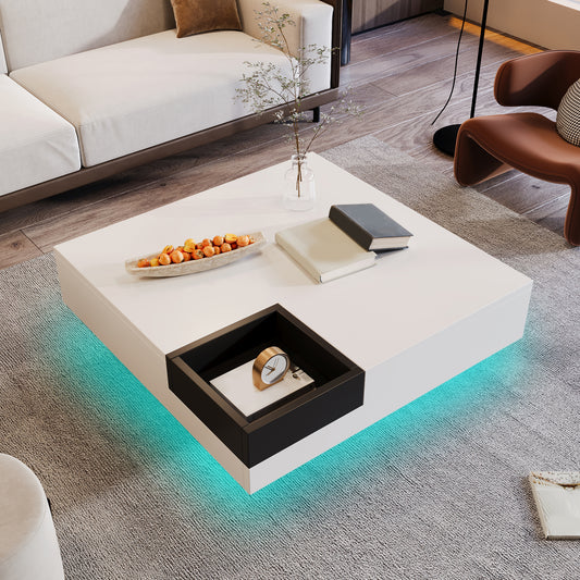 Coffee Table, High-Gloss Living Room Table, Side Table With Removable Storage Box, White And Black Color-Block Design, 72 X 72 X 30 Cm, With LED Lighting Effect