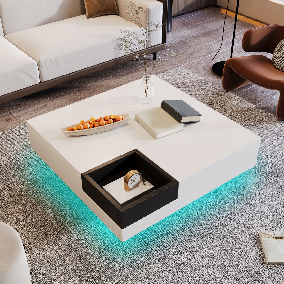 Coffee Table, High-Gloss Living Room Table, Side Table With Removable Storage Box, White And Black Color-Block Design, 72 X 72 X 30 Cm, With LED Lighting Effect