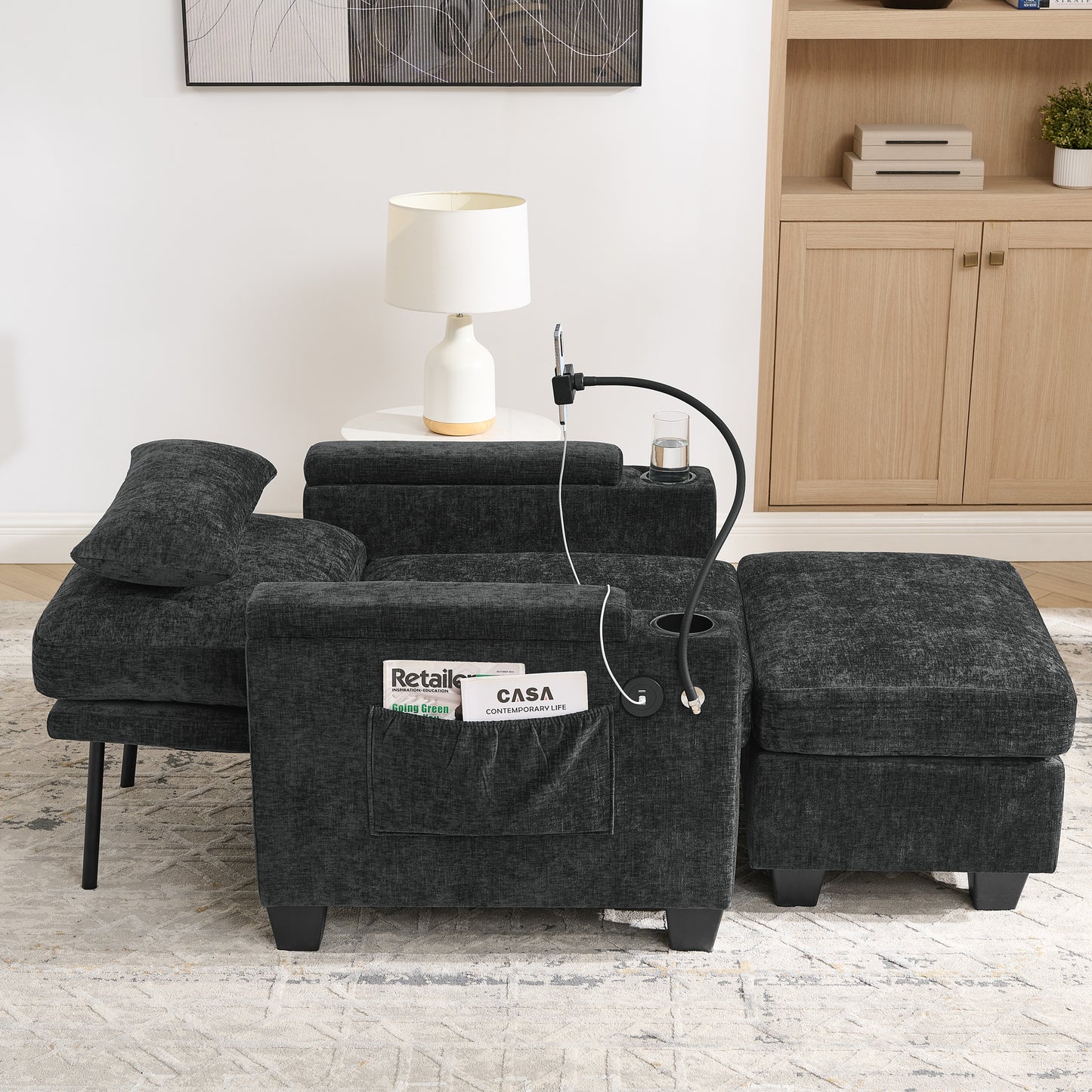 Single Sofa Recliner With Manually Adjustable Backrest, USB Charging Port On The Armrest Side, Phone Stand Included, Hidden Armrest Storage, And A Matching Storage Ottoman-Black