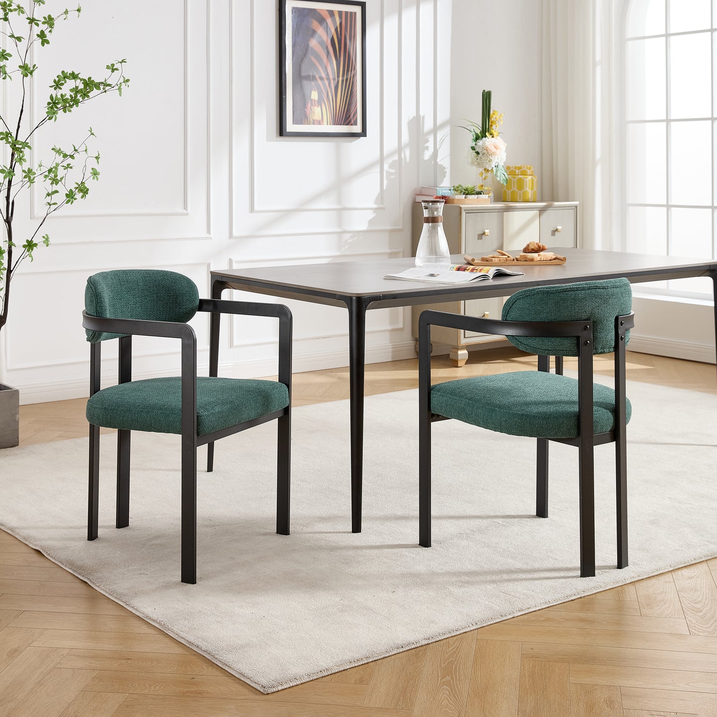 Modern Dining Room Chairs Set Of 2, Mid Century Upholstered Boucle Kitchen Dining Chairs With Black Metal Legs Side Chair