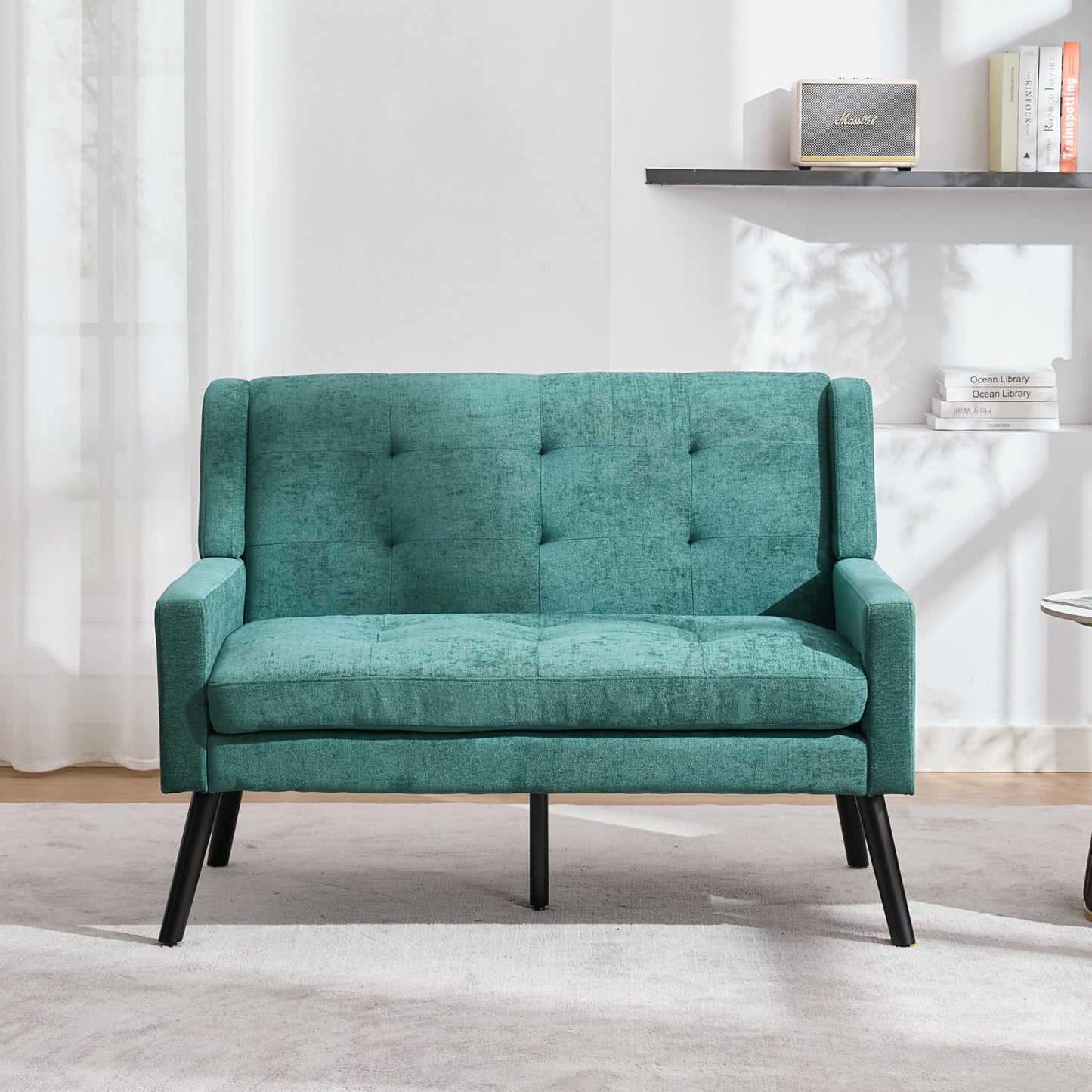 Premium Linen Bench  2 Seater With Non-Slip Solid Wood Legs And High-Density Foam Cushions  Button Upholstered Accent Chair For Living Room, Bedroom And Office