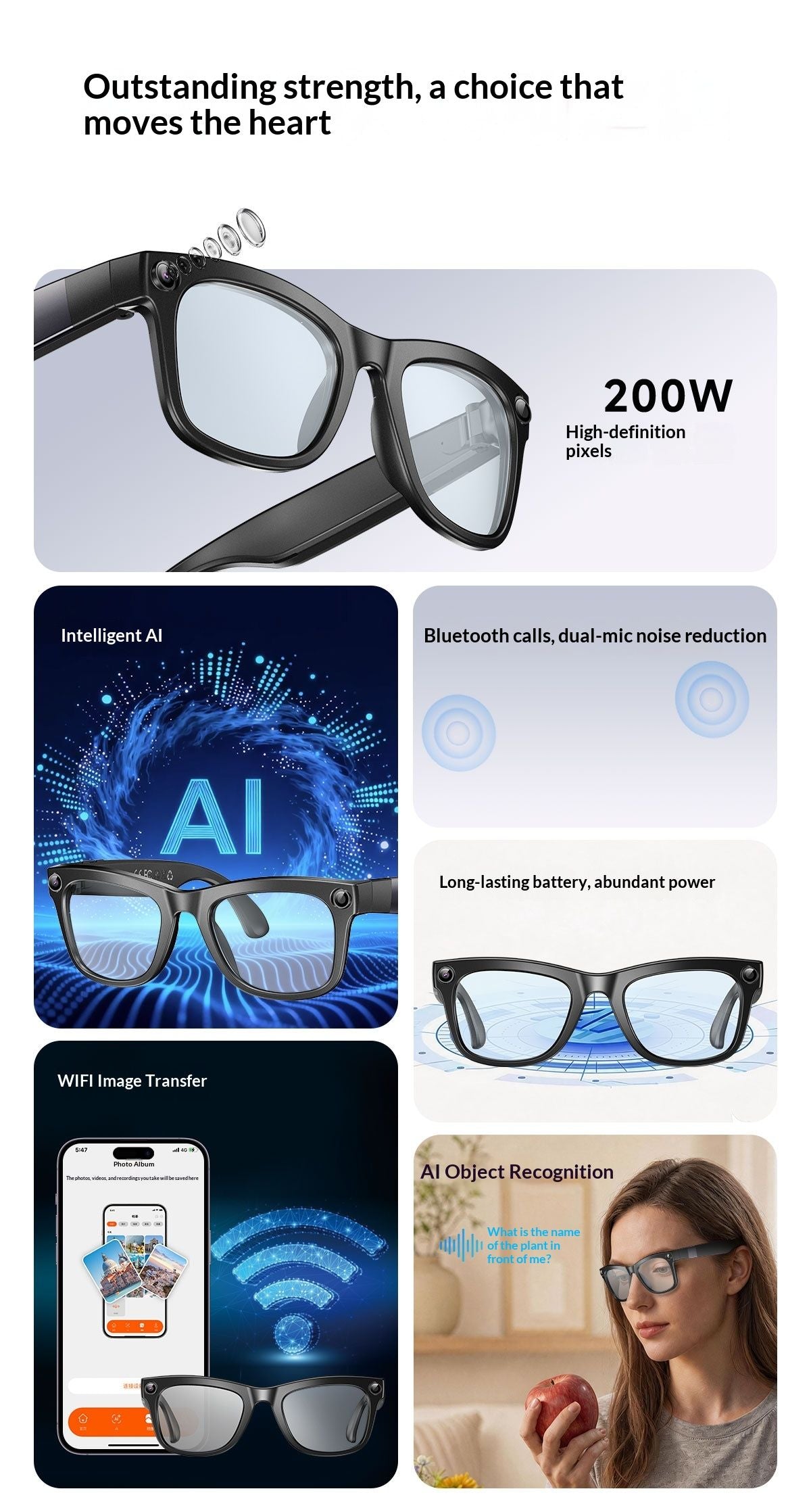 2MP AI Smart Glasses Bluetooth Sunglasses For Music Calling Translation