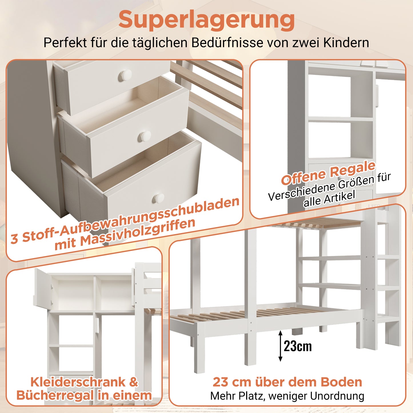 Bunk Bed 90x200 Cm With Smart Night Light, Offset Design With Wardrobe, Shelf & Drawers, Generous Storage Space, 90x200 Cm, White, EN747-1 2024