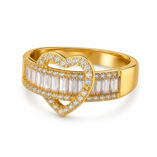 Open Heart Baguette Paved CZ Adjustable Ring For Women, Copper Gold Plated Double Row Crystal Love Statement Wedding Party Jewelry Gift