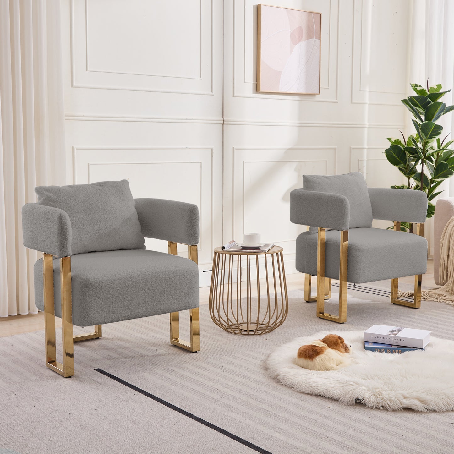 TS Modern Decorative Chair, Living Room Side Chair With Gold Metal Legs, No Wheels, Suitable For Dressing Area, Reception Room, Office,Teddy Fleece Upholstered Metal Foot Sofas 2PCS Grey