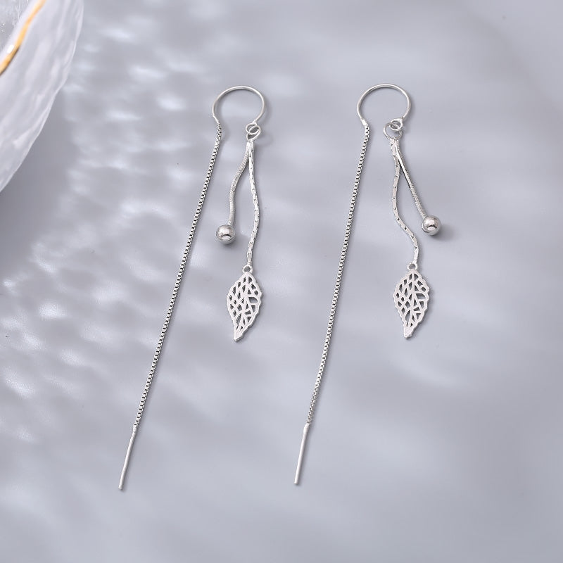 1 Pair 999 Sterling Silver Hollow Leaf Long Tassel Threader Earrings, Minimalist & Elegant, Perfect For Daily, Dating & Business, Ideal Valentine's Gift