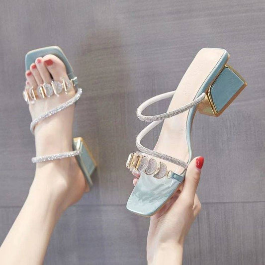 Women's Korean Style Slide Sandals Summer Outdoor Wear Chunky Heel Fashion Rhinestone Sandals 2026 New Trendy Mid Heel Single Strap Women's Shoes