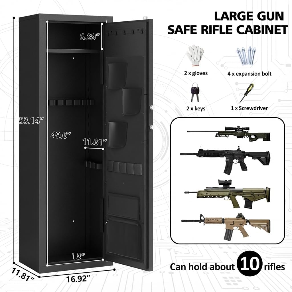 12-15 Gun Safe For Rifles And Pistols, Large Gun Cabinet With Digital Keypad Lock, Anti-Pry Steel Security Safe, Adjustable Shelves & Pistol Holster For Home Defense & Hunting Storage