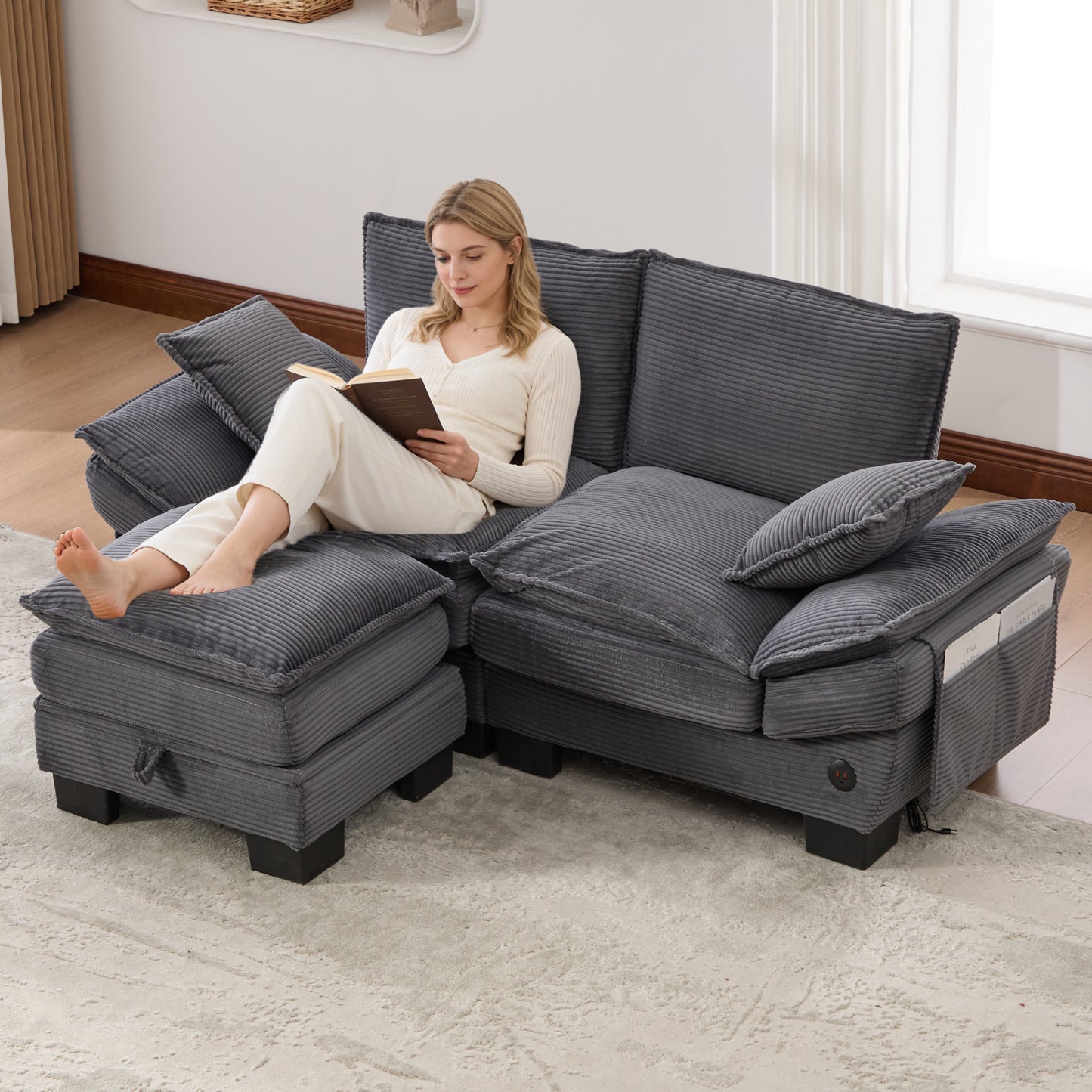 Modular Sofa With Wide Seat Surface For 2 People, Ergonomic Design, High-density Foam Cushioning, USB-C Port And Side Pockets. Ideal For Living Room, Office Or Lounge. Dark Gray