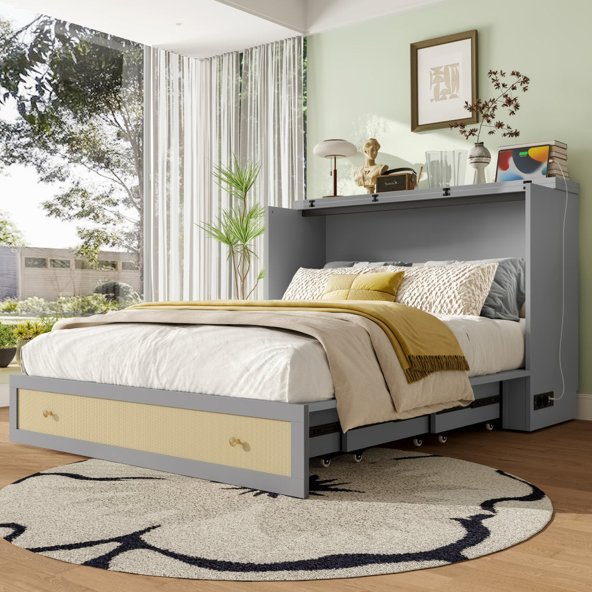Murphy Bed, 140 X 200, Mobile Murphy Bed With Drawers At The End Of The Bed And Shelf At The Head Of The Bed, With USB And Socket, Convertible Platform Bed, Without Mattress, Grey