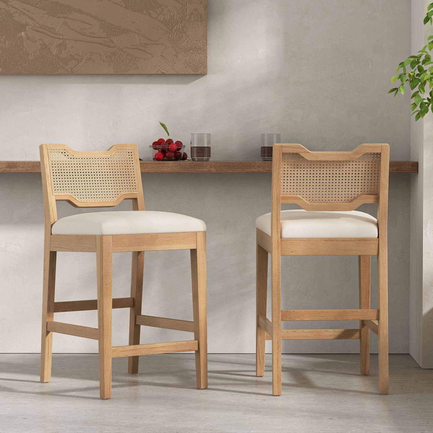 28  Farmhouse Barstools Set Of 2,Upholstered Armless Iron Counter Stools With Natural Rattan Backrest For Kitchen Dining Island Table,Beige