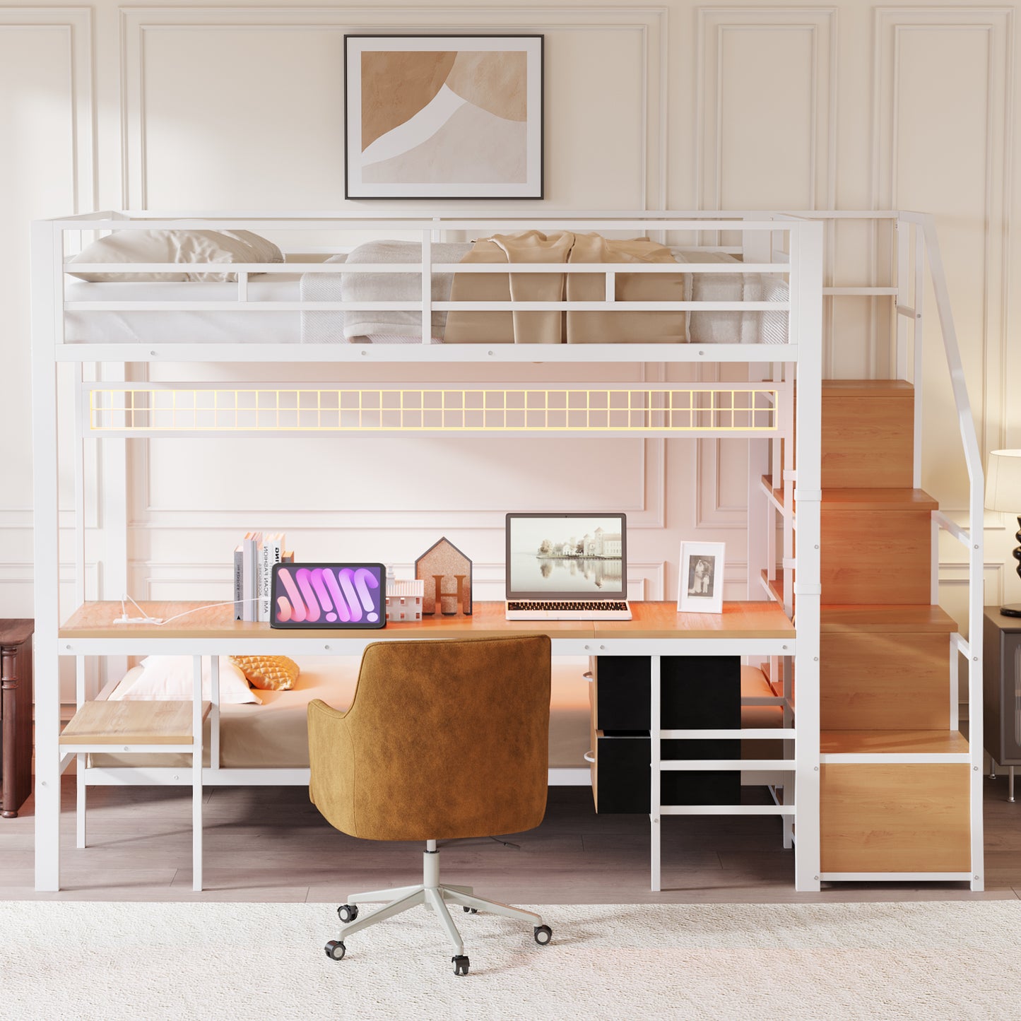Metal Loft Bed,Multifunctional Bed With Desk,LED,With Sockets,Open Storage And Fabric Drawer Top Bed 140X200,and Underbed 90X200,White