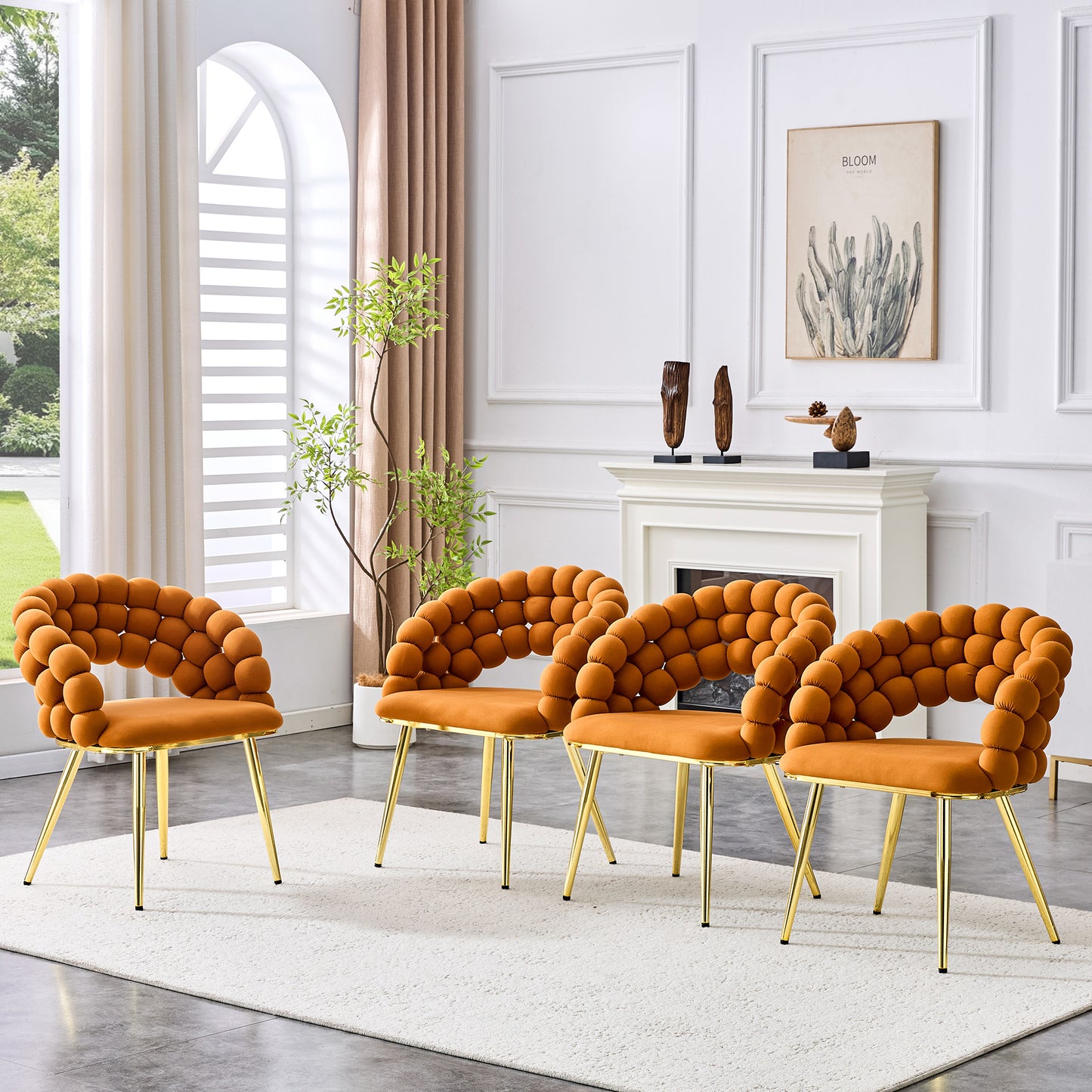 Set Of 2 Orange Puffy Bubble Chair Ball Chain Chair Velvet Dining Chairs With Gold Plated Legs, Modern Accent Chairs For Dining Room & Kitchen