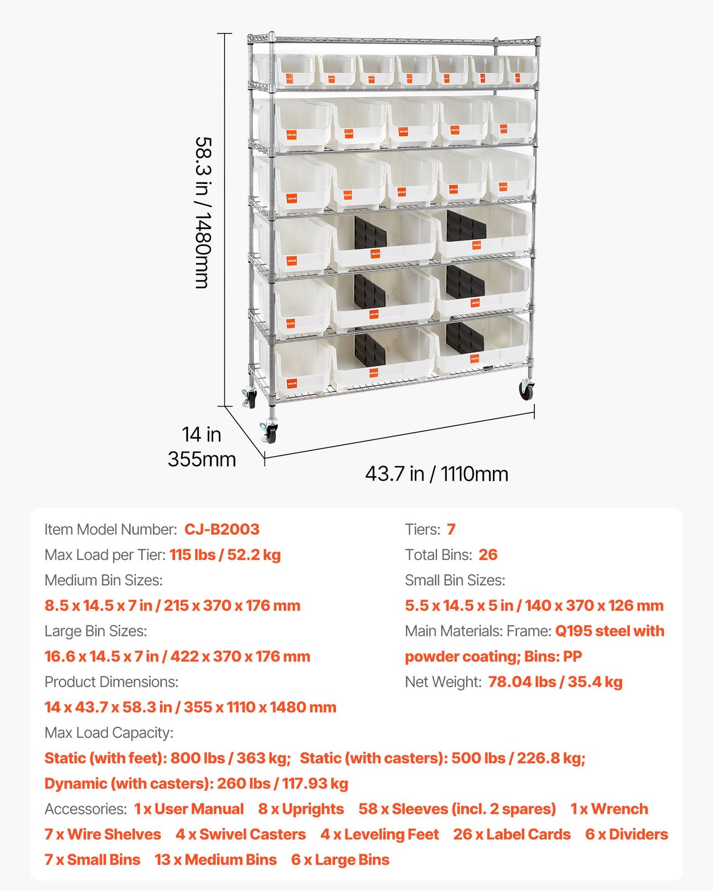 7-Tier Rolling Bin Storage Rack, 26 Organizer Bins, Bin Rack Storage Steel Wire Shelving System With Wheels, Mobile Tool Organizer For Garage, Warehouse, Office, Restaurant, Classroom, Kitchen