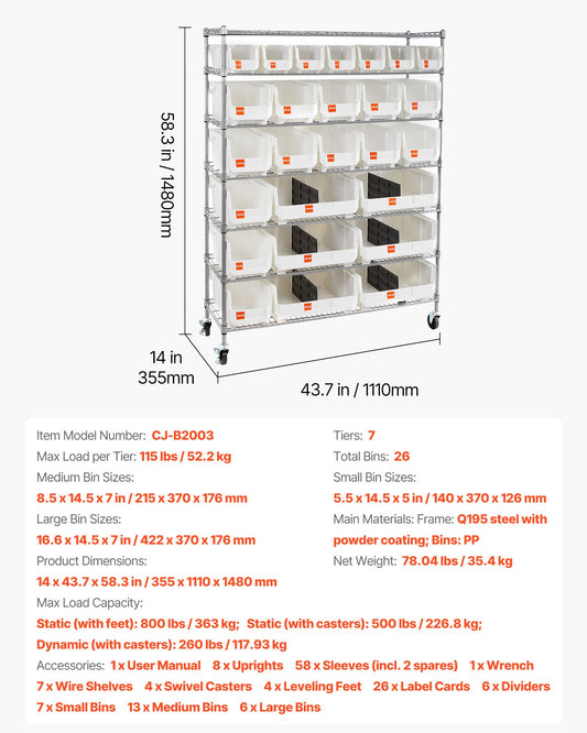 7-Tier Rolling Bin Storage Rack, 26 Organizer Bins, Bin Rack Storage Steel Wire Shelving System With Wheels, Mobile Tool Organizer For Garage, Warehouse, Office, Restaurant, Classroom, Kitchen