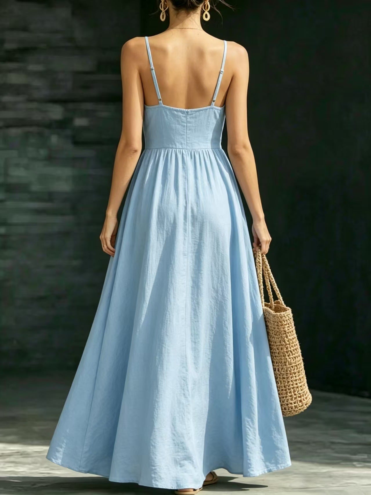 Summer V-Neck Spaghetti Strap Maxi Dress With Pockets - Elegant Vacation & Office Wear For Women