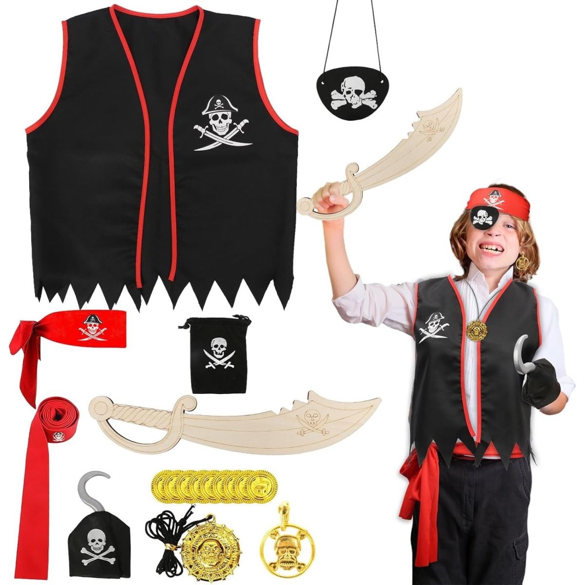 Set Of 9 Pirate Costumes, Pirate Costume Accessories, Pirate Costume With DIY Wooden Sword, Pirate Eye Patch, Bandana, Pirate Hook, Gold Coins For Halloween And Carnival
