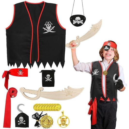 Set Of 9 Pirate Costumes, Pirate Costume Accessories, Pirate Costume With DIY Wooden Sword, Pirate Eye Patch, Bandana, Pirate Hook, Gold Coins For Halloween And Carnival