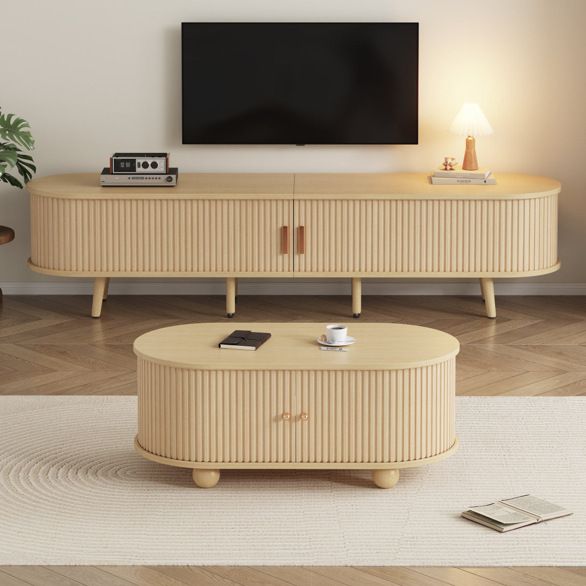 Living Room TV Cabinet With Storage  Coffee Table Combination, Oval Combination In Original Wood Color, MDF