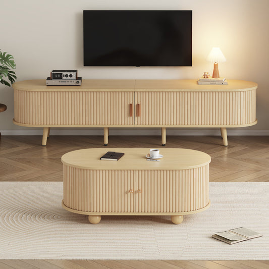 Living Room TV Cabinet With Storage  Coffee Table Combination, Oval Combination In Original Wood Color, MDF
