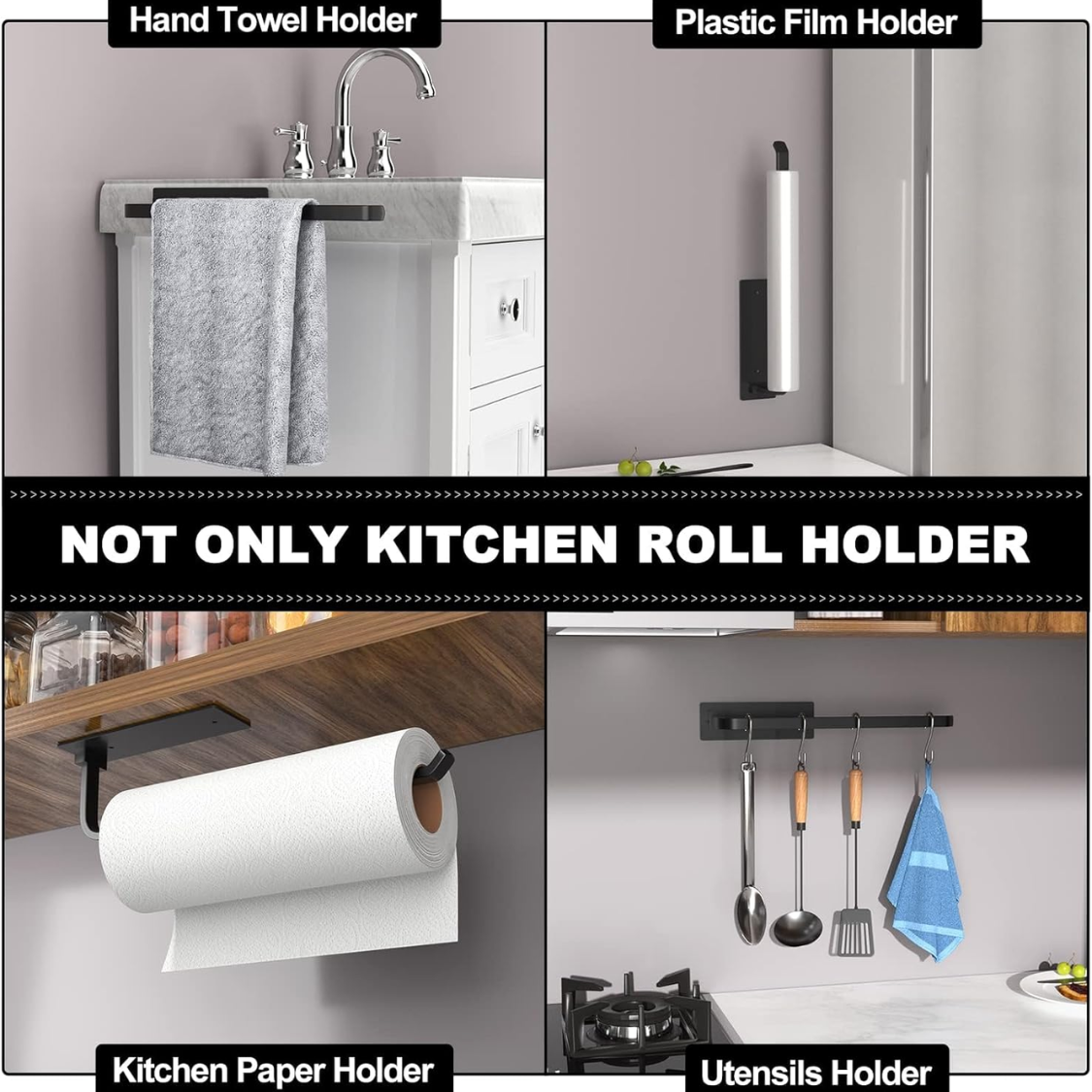 Paper Towel Holder Self Adhesive Or Drilling Matte Black Upgraded Aluminum Kitchen Roll Dispenser Under Cabinet Lighter But Stronger Than Stainless Steel