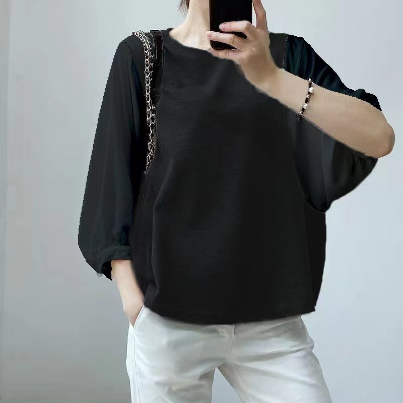 Japanese And Korean Women's Summer Color-blocked Loose Round-neck Top