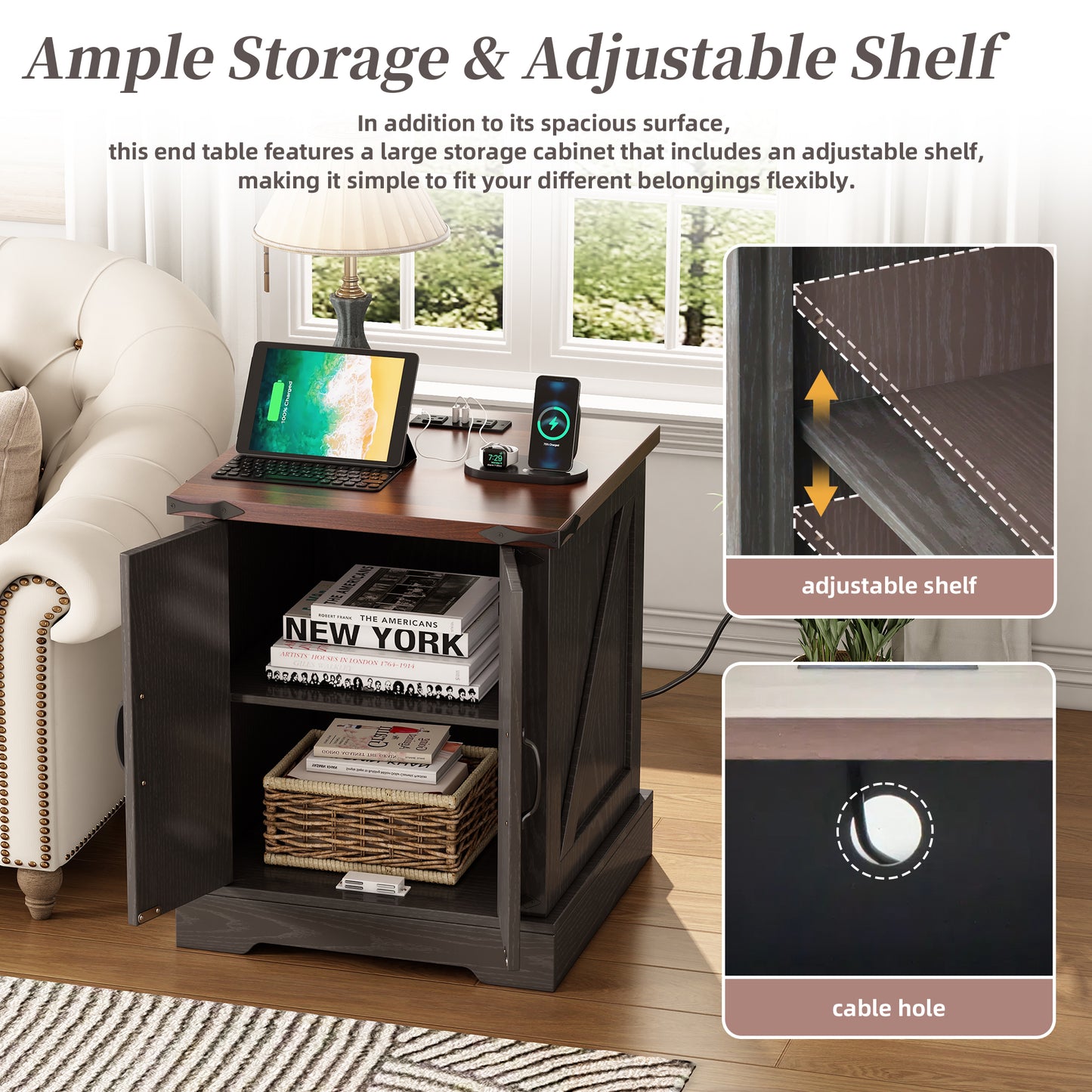 ON-TREND Farmhouse End Table With Charging Station, Rustic Wood Nightstand With Adjustable Shelf, 19.6W Versatile Walnut Sofa Side Table With Barn Doors & Retro Hinges For Bedroom, Living Room, Grey
