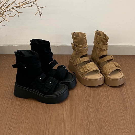 Retro Thick Soled Roman Cool Boots For Women's New Fashion Set, Toe High Top Sandals, Height Boosting Zipper Short Boots