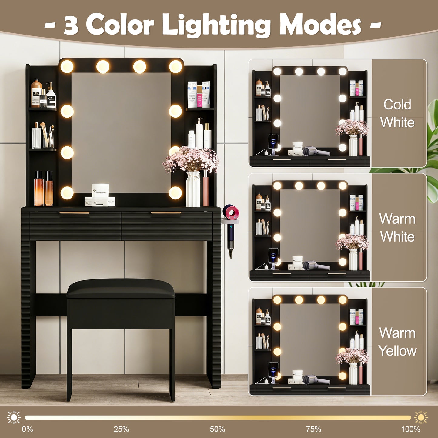 Makeup Vanity Desk With 10 Hollywood Bulbs, Fluted Dressing Table With Charging Station, 2 Drawers And 4 Open Shelves, Hairdryer Holder, Padded Stool With Storage , Black