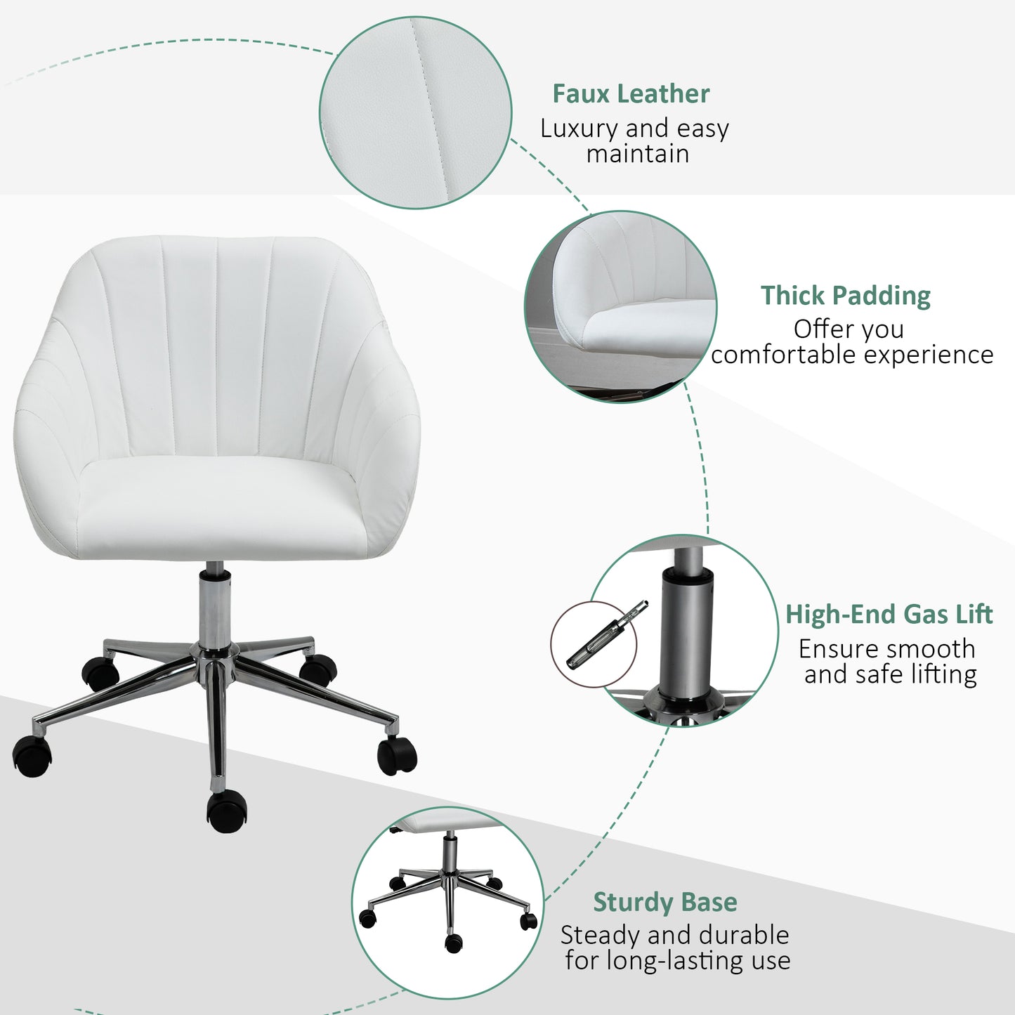 Mid Back Home Office Chair Computer Desk Chair with PU Leather, Adjustable Height, Swivel Wheels for Study, Bedroom, White