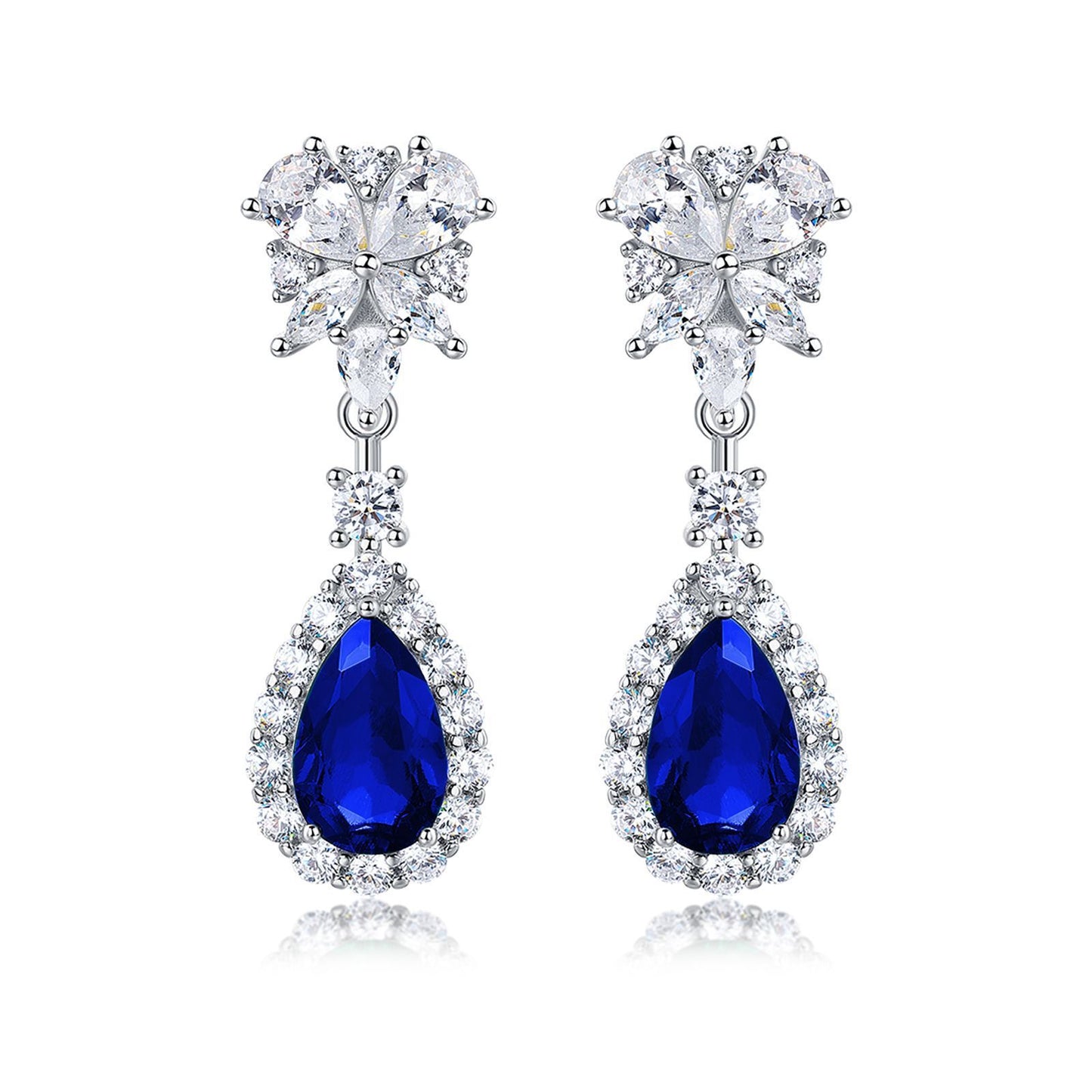 S925 Sterling Silver Teardrop Dangle Earrings, 7x11mm Lab-Grown Ruby Sapphire Emerald, Platinum Plated 4.5g Women's Jewelry Gift Box
