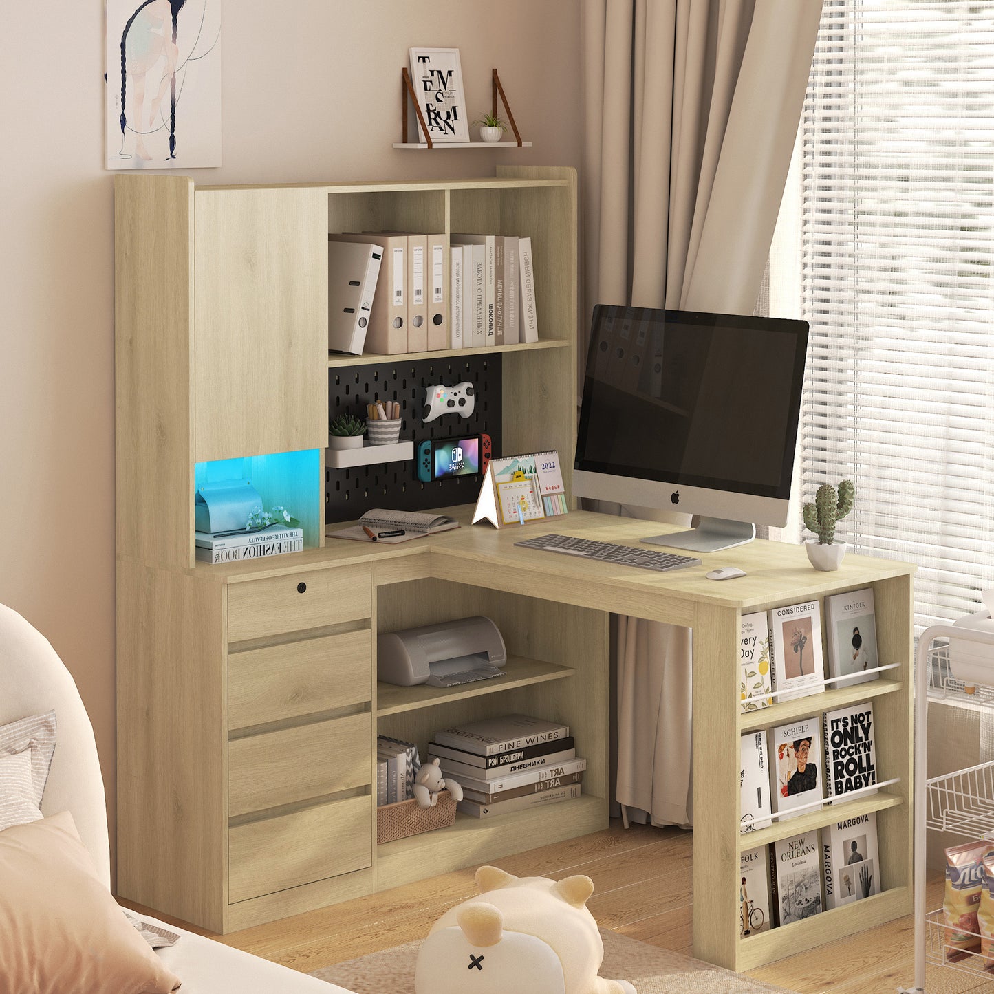 L Shaped Desk With Charger,Computer Desk With Drawers,Bookshelf,with LED Light,Modern Corner Desk,Home Office Desk,L-Shaped Study Table Writing Desk,Corner Gaming Computer Desk With Storage