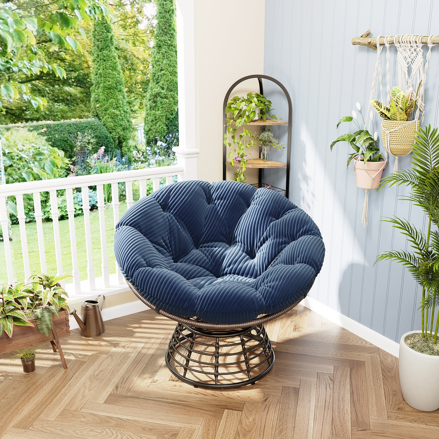 Comfortable Ergonomic Wicker Papasan Chair, 360 Swivel Indoor Outdoor Rattan Chair With Soft Thick Cushion, Ideal For Living Room, Bedroom, Reading Room, Brown Frame With Navy Blue Cushion  Comforta