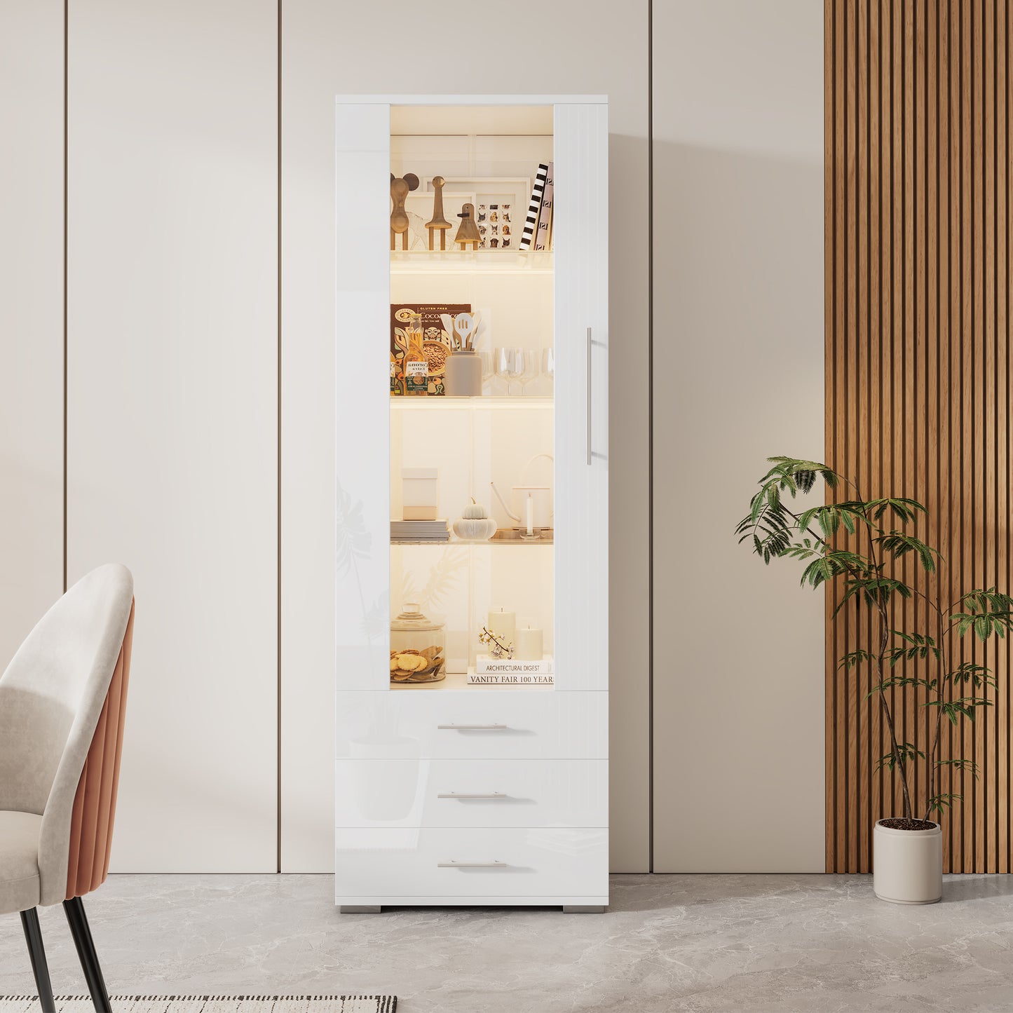 White High Gloss Display Case, Glass Display Case, Floor Standing Display Case With LED Lighting, Vertical Display Case With 3 Drawers, 60x35x180cm