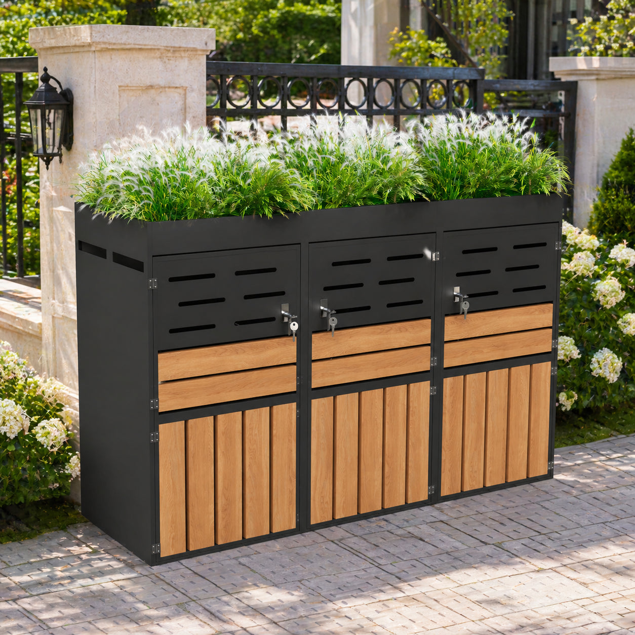 Multifunctional Outdoor Cabinet With Integrated Plant Box, Slat Ventilation, Three Separate Compartments, Galvanized Steel Frame And Safety Chain  For Storage & Garden Decoration  Without Waste Bin