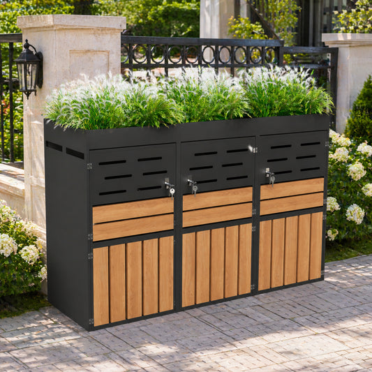 Multifunctional Outdoor Cabinet With Integrated Plant Box, Slat Ventilation, Three Separate Compartments, Galvanized Steel Frame And Safety Chain  For Storage & Garden Decoration  Without Waste Bin
