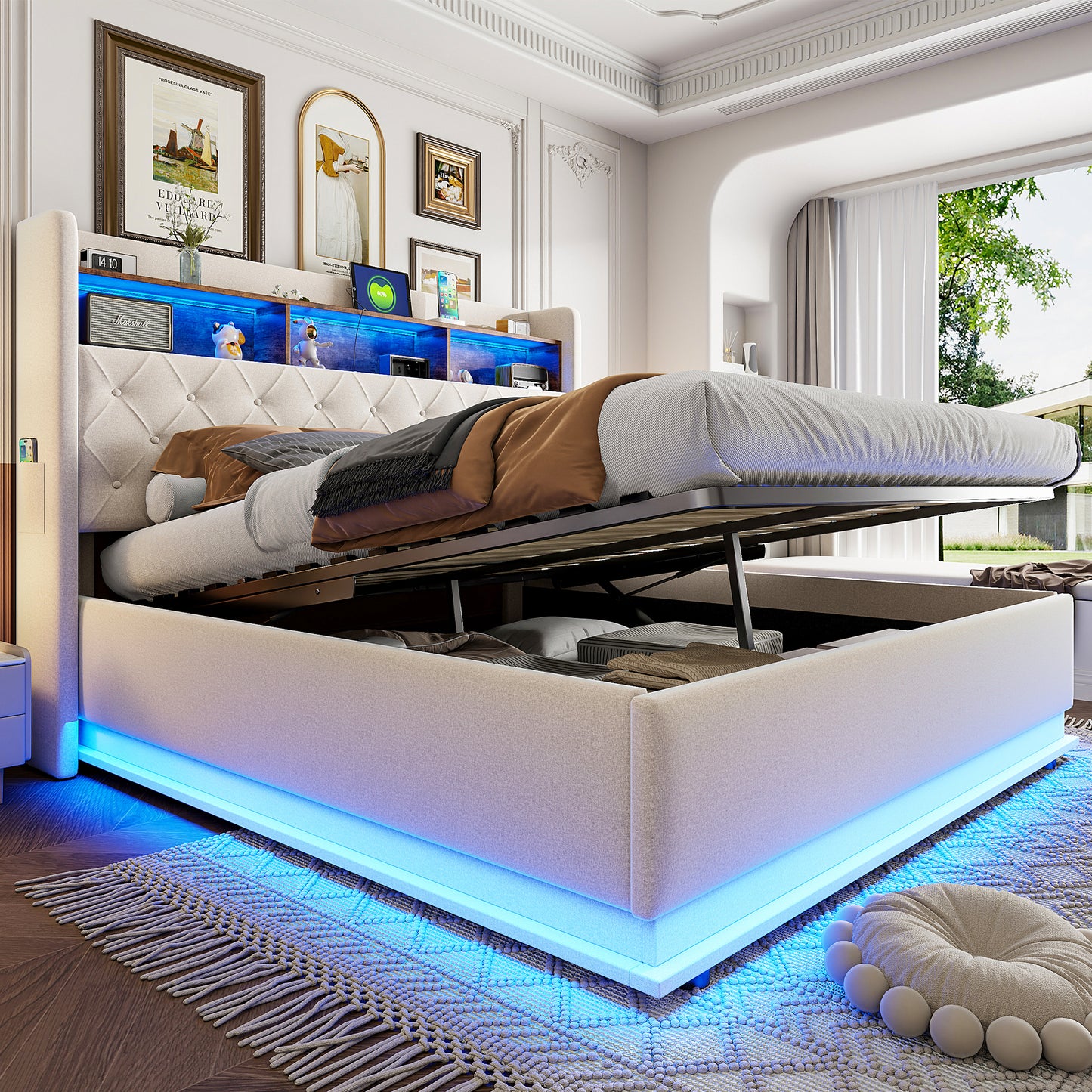 LED Upholstered Bed 180 X 200 Cm, Upholstered Storage Bed With USB Charging Port And Hydraulic Storage, Skin-friendly Linen Fabric, Beige