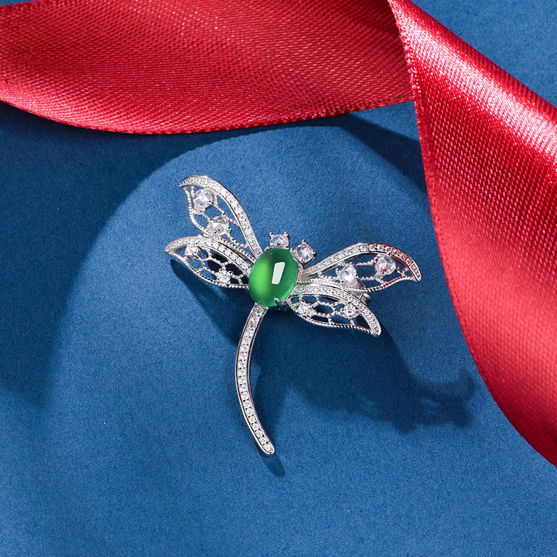 S925 Sterling Silver Dragonfly Brooch, 8x6mm Cabochon Green Chrysoprase, Platinum Plated 3.9g, Elegant Women's Brooch Pin With Gift Box