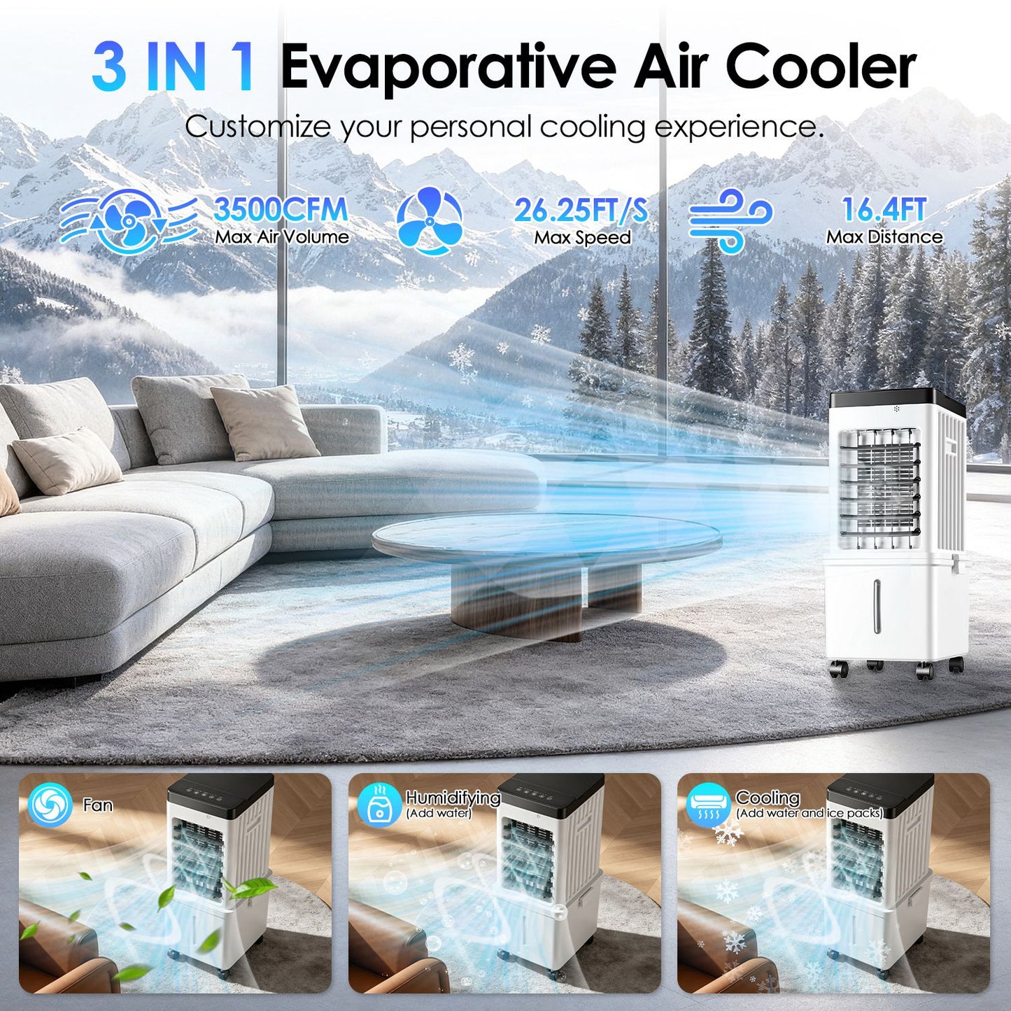 Portable Air Cooler Fan 12L Evaporative Air Conditioner With 3-Speed Dual Water Tank Touch & Remote Control 4 Wheels 4 Ice Packs Oscillation 15H Timer Visible Window For Bedroom Office Home