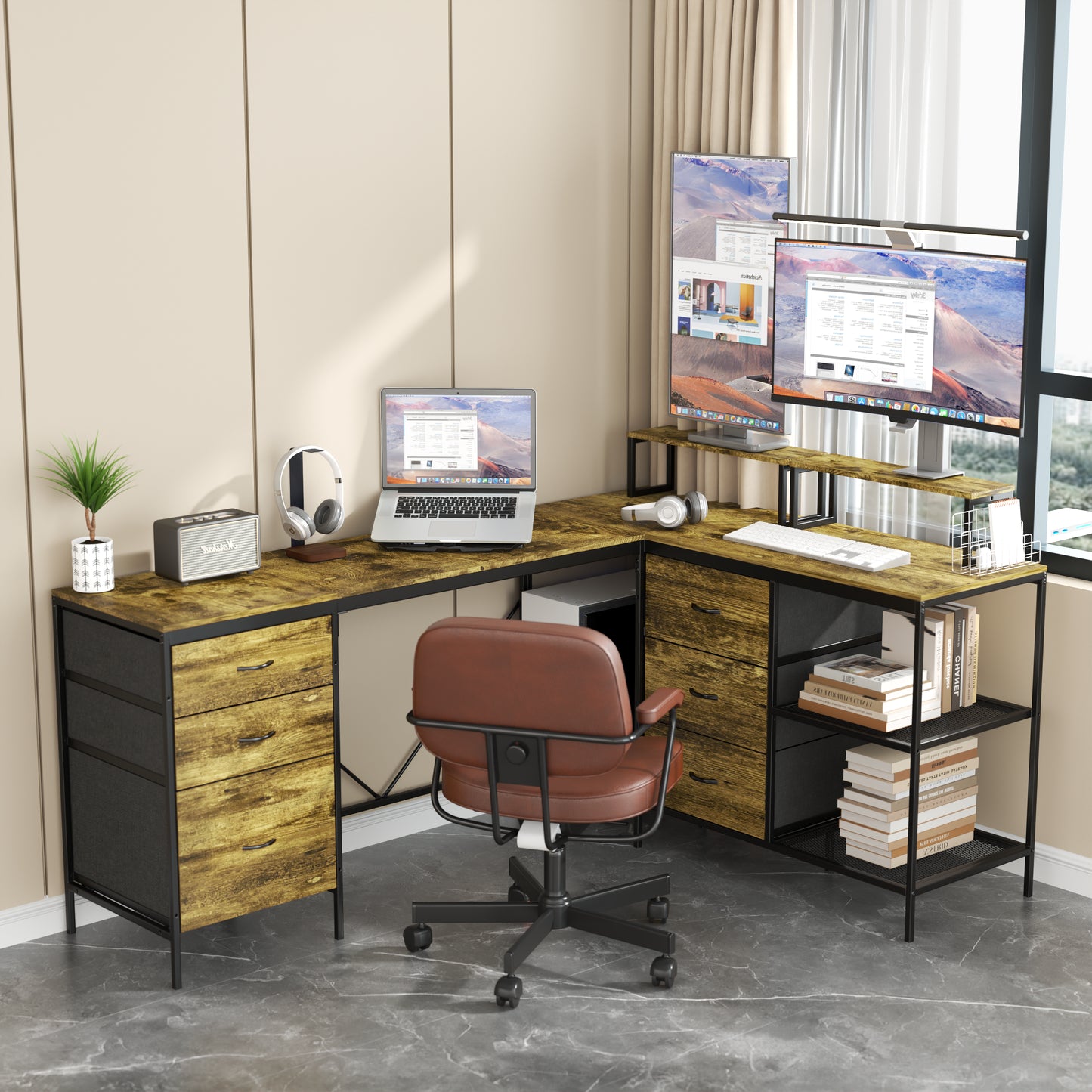 114  L-shaped Desk With Power Hub, Industrial Gaming Desk - 6 Drawers, Removable Monitor Stand, Rustic Brown Home Office