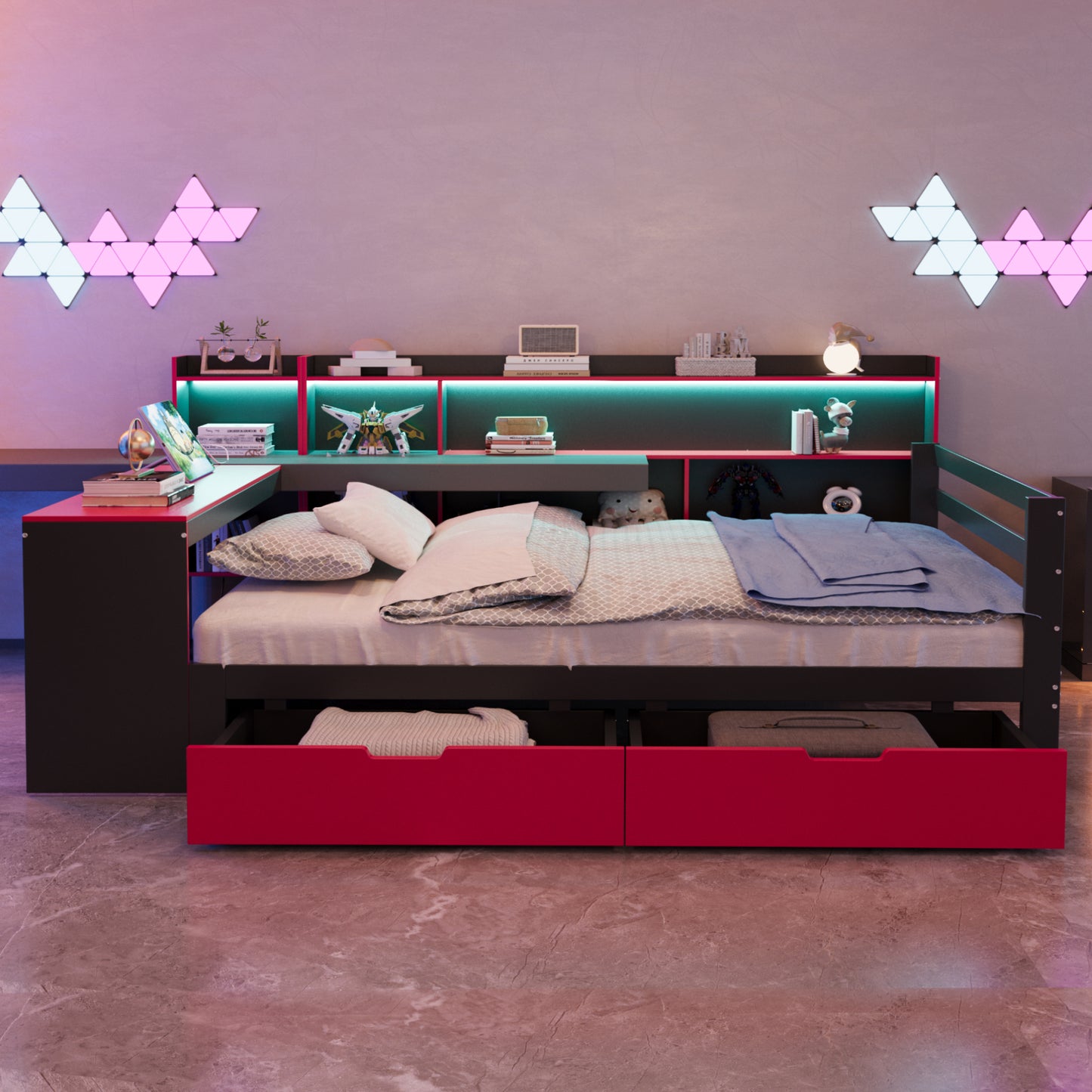 Wooden Bed Sofa Bed 140 X 200 Cm, With Desk, Bookcase, Storage Compartments And Shelves, With Integrated Lighting And Sockets, Drawers, Multifunctional Wooden Bed, Black  Red