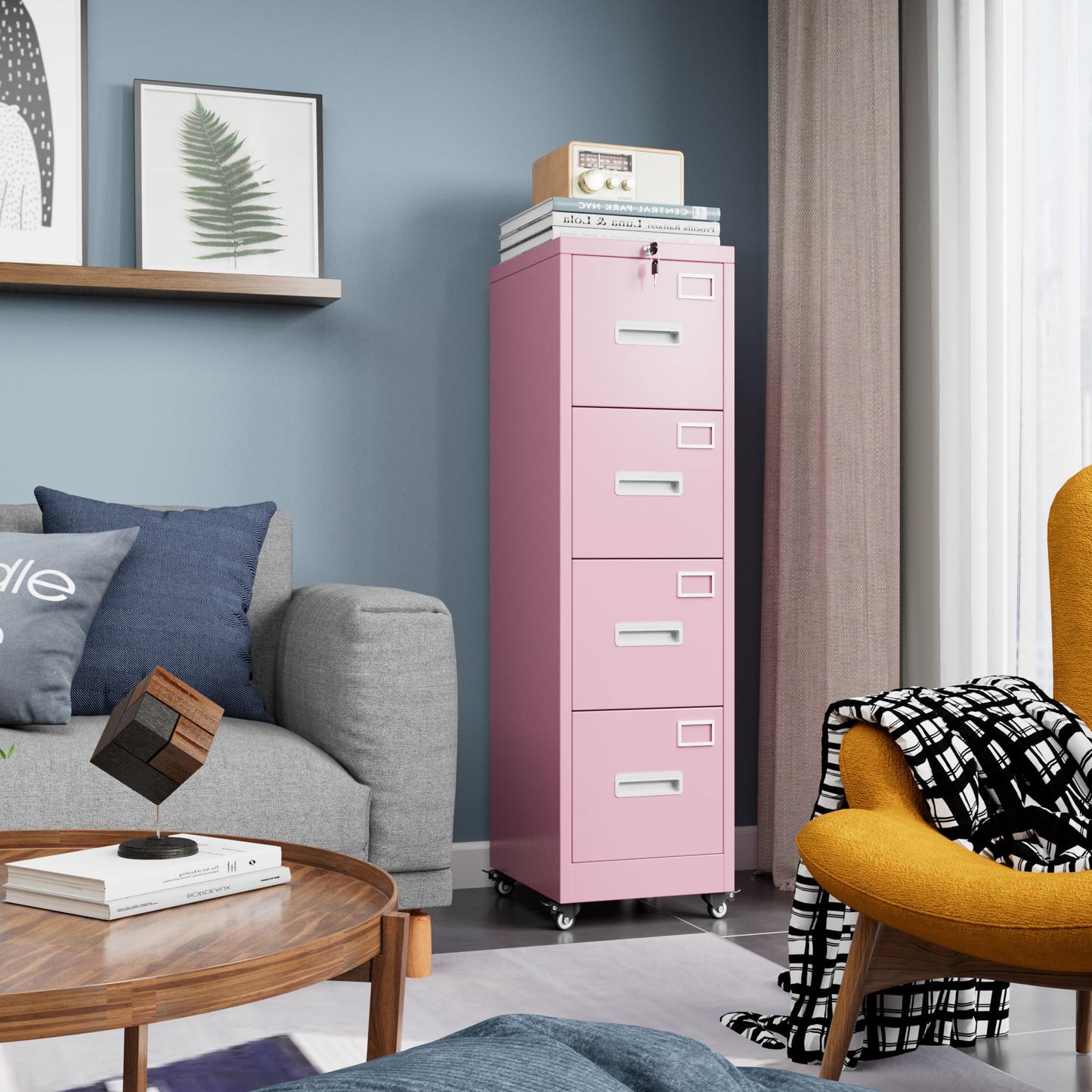 METAN 4 Drawer File Cabinet On Wheels, Lockable Metal Filing Cabinet With Handle And Name Card For Office Home,Assembly Required,Pink