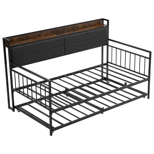 Twin Size Daybed Frame, Day Bed With Trundle, Heavy Duty Metal Platform Bed Frame With Charging Station, Twin Daybed With Metal Slats Support For Living Room, Bedroom, Guest Room, Easy Assembly